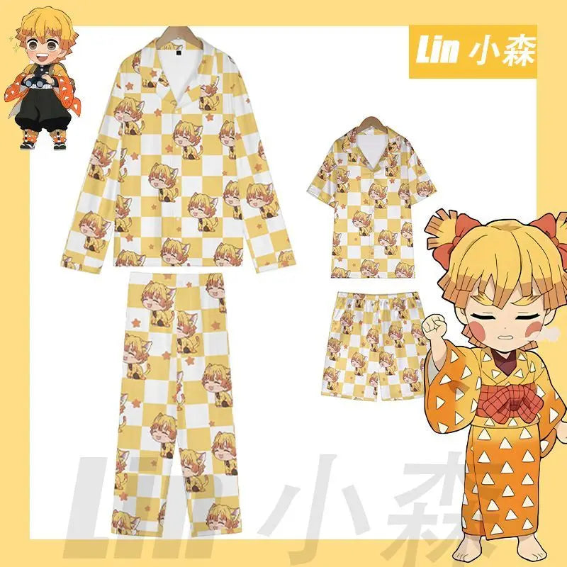 Anime Cosplay Homewear Demon Slayer Agatsuma Zenitsu Cute Pajama Set Demon Girl Pink Pattern Nightwear Loungewear Holiday Gift
