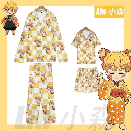 Anime Cosplay Homewear Demon Slayer Agatsuma Zenitsu Cute Pajama Set Demon Girl Pink Pattern Nightwear Loungewear Holiday Gift