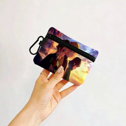 Anime D-DemonS Slayer Mini Oxford Cloth Coin Purse With Carabiner Hook Portable Key Card Wallet Small Zipper Storage Pouch