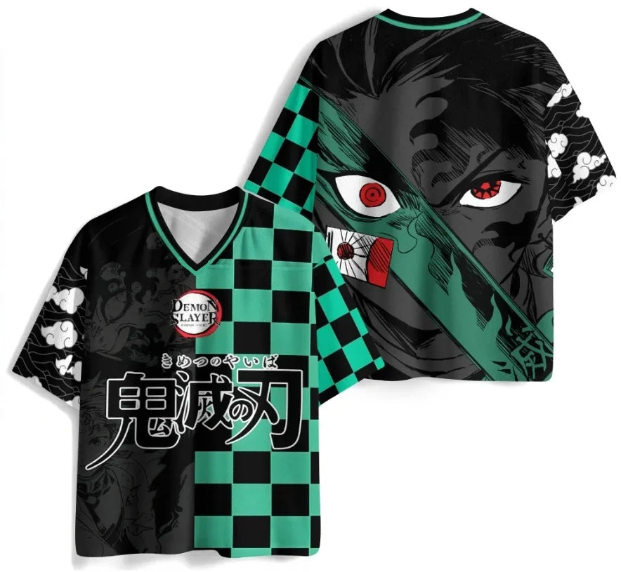 Summer Demon Slayer Black Green Checkered Jersey Print, Quick Dry Moisture Wicking Fabric, Athletic Streetwear For Adults Teens