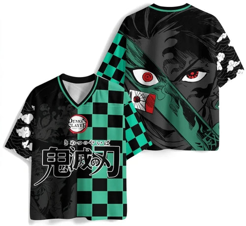 Summer Demon Slayer Black Green Checkered Jersey Print, Quick Dry Moisture Wicking Fabric, Athletic Streetwear For Adults Teens