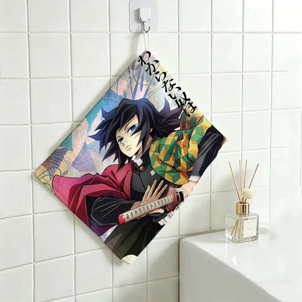 Cartoon Figure Giyu Tomioka Hanging Polyester Cotton Towel, Reusable Hand Wiping Cloth, Wear Resistant for Home Kitchen Sink