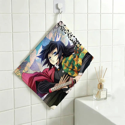 Cartoon Figure Giyu Tomioka Hanging Polyester Cotton Towel, Reusable Hand Wiping Cloth, Wear Resistant for Home Kitchen Sink