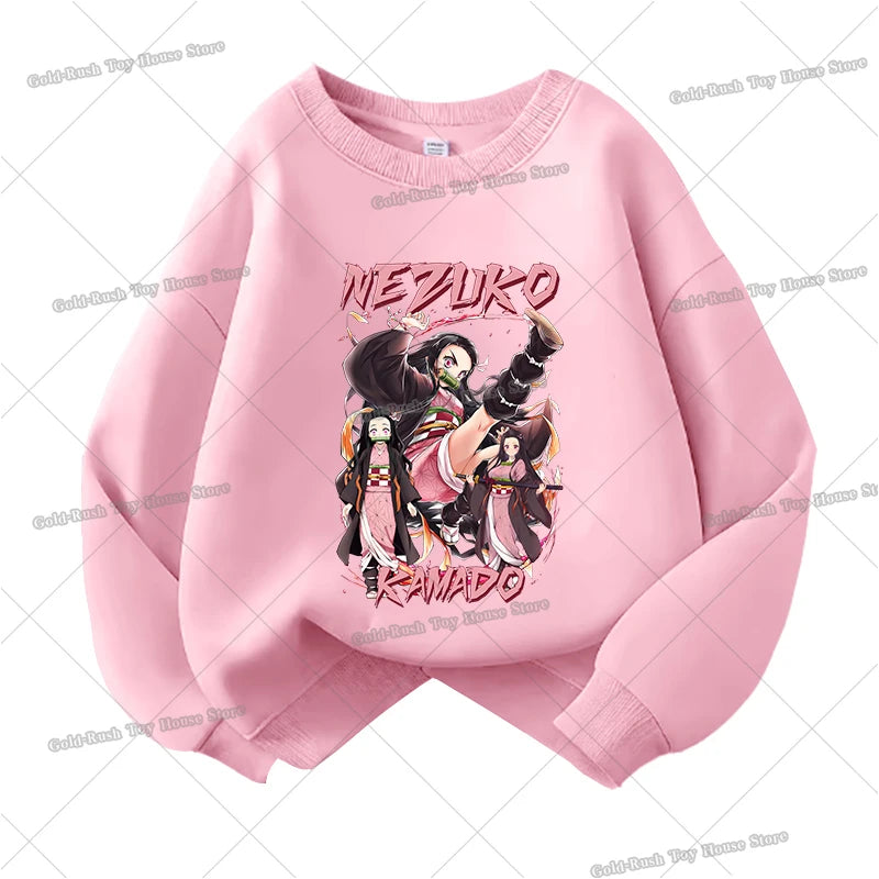 Demon Slayer Children Sweatshirt Kamado Nezuko Kochou Shinobu Autumn Sportswear for Girl Anime Tracksuit Cartoon Kids Pullovers