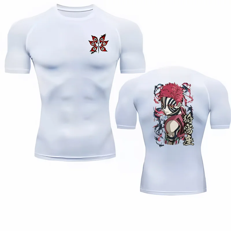 Bandai Demon Slayer Akaza Men's Compression Shirt, Quick Dry Elastic Short Sleeve Gym Workout Breathable Fitness Sportswear