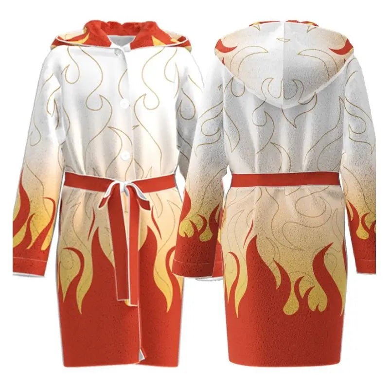 New Demon Slayer Rengoku Kyojuro Hooded Bathrobe Long Sleeve Tie Waist Loungewear Soft Absorbent Home Spa Robe Cosplay Sleepwear