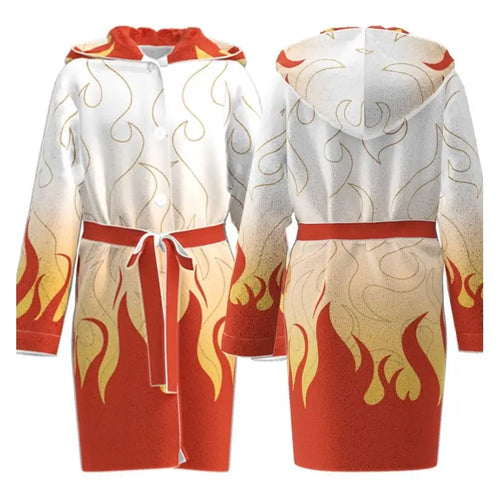 New Demon Slayer Rengoku Kyojuro Hooded Bathrobe Long Sleeve Tie Waist Loungewear Soft Absorbent Home Spa Robe Cosplay Sleepwear