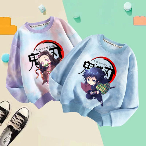 Demon Slayer Children Tie-dyed Sweatshirts Giyu Tomioka Nezuko Boy Girl Hoodie Anime Cute Pullover Fashion Tops Autumn Clothing