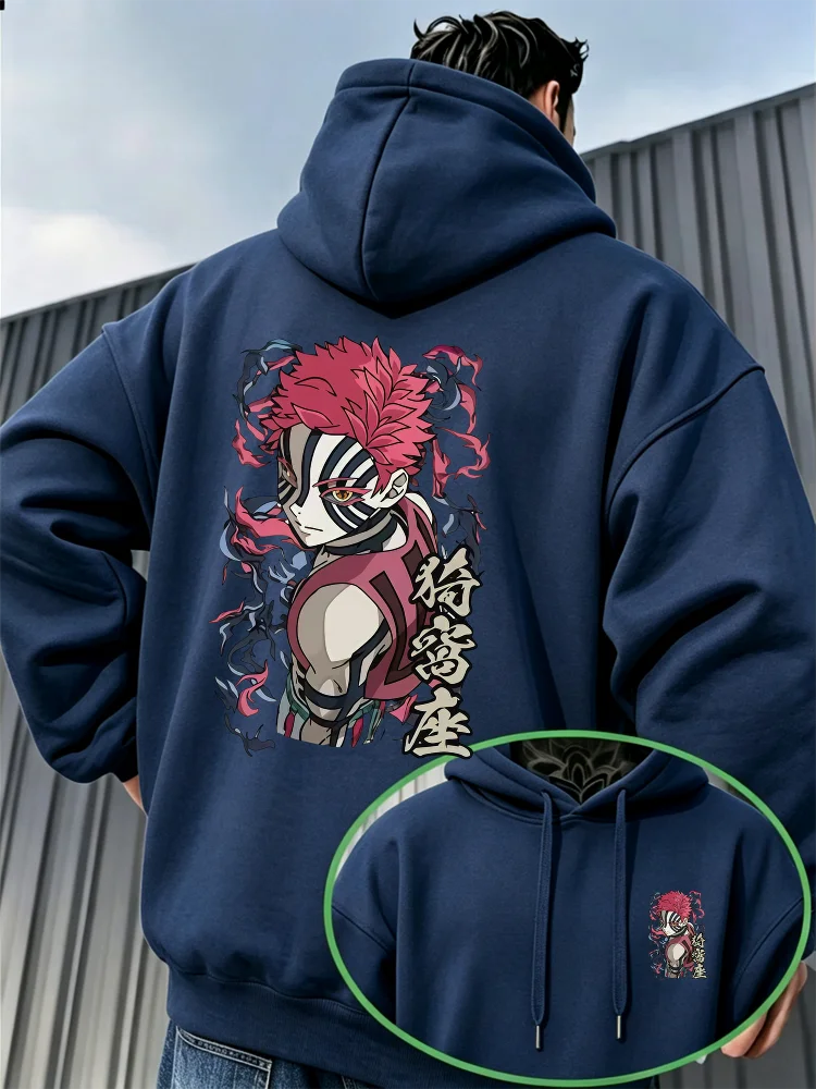 Bandai Demon Slayer Akaza Men's Hoodie High Quality Soft Thick Fleece Pullover Sweatshirt Warm Casual Autumn Winter Style
