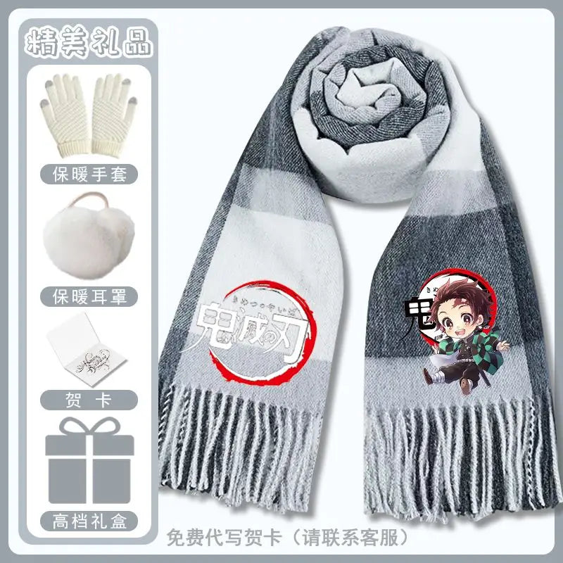 Anime Demon Slaye Nezuko Tanjiro Cartoon Printed Scarf Autumn Winter Men's and Women's Fashion Versatile Warm Grid Scarf