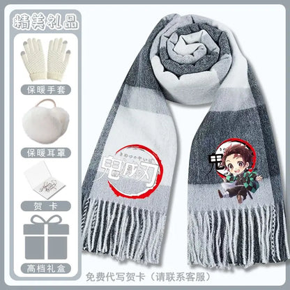 Anime Demon Slaye Nezuko Tanjiro Cartoon Printed Scarf Autumn Winter Men's and Women's Fashion Versatile Warm Grid Scarf