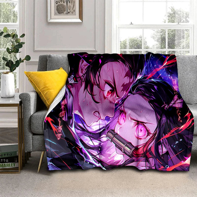 2026 Demon Slayer Tanjiro Kamado Water Breathing Print Flannel Blanket Double-sided All Seasons Throw Soft Nap Blanket for Home