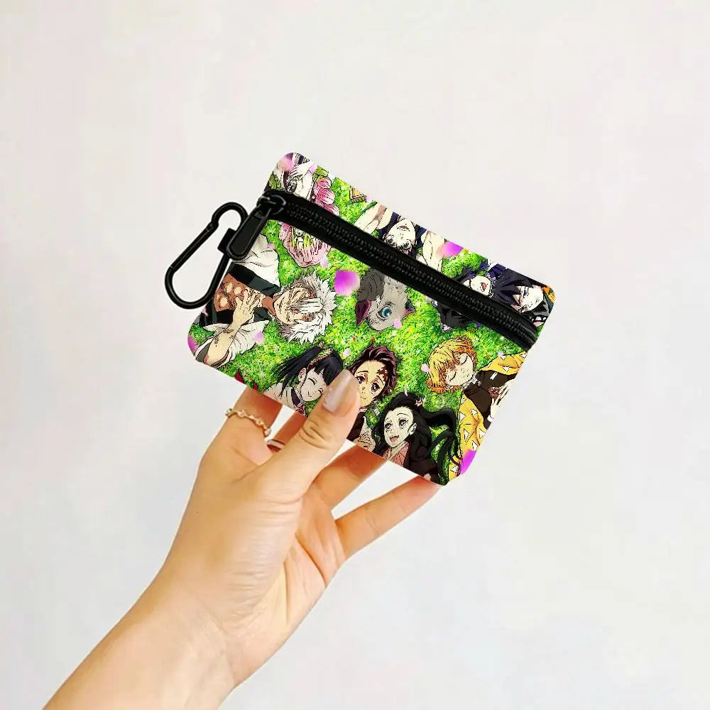 Anime D-DemonS Slayer Mini Oxford Cloth Coin Purse With Carabiner Hook Portable Key Card Wallet Small Zipper Storage Pouch