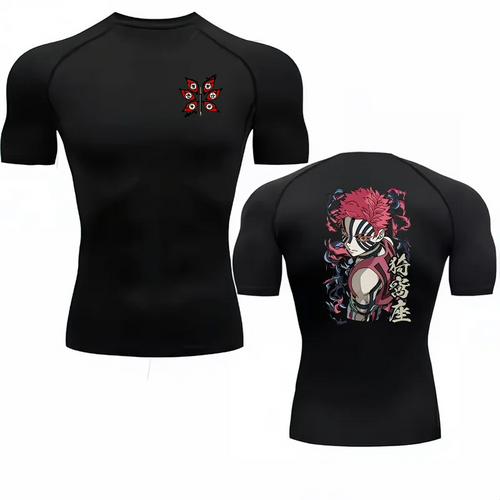 Bandai Demon Slayer Akaza Men's Compression Shirt, Quick Dry Elastic Short Sleeve Gym Workout Breathable Fitness Sportswear