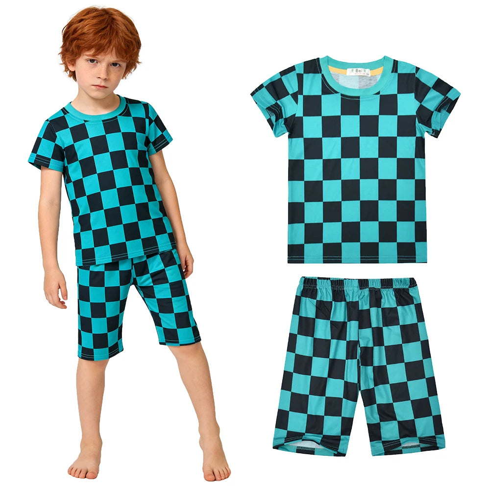 Kids Boys Girls Japanese Anime Style 2 Piece Pajama Set Short Sleeve Geometric Print Sleepwear Tanjiro Nezuko Zenitsu Loungewear