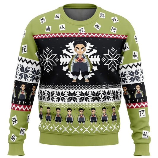 Pull de Noël Demon Slayer à bandes jacquard, flocons géométriques et personnage central