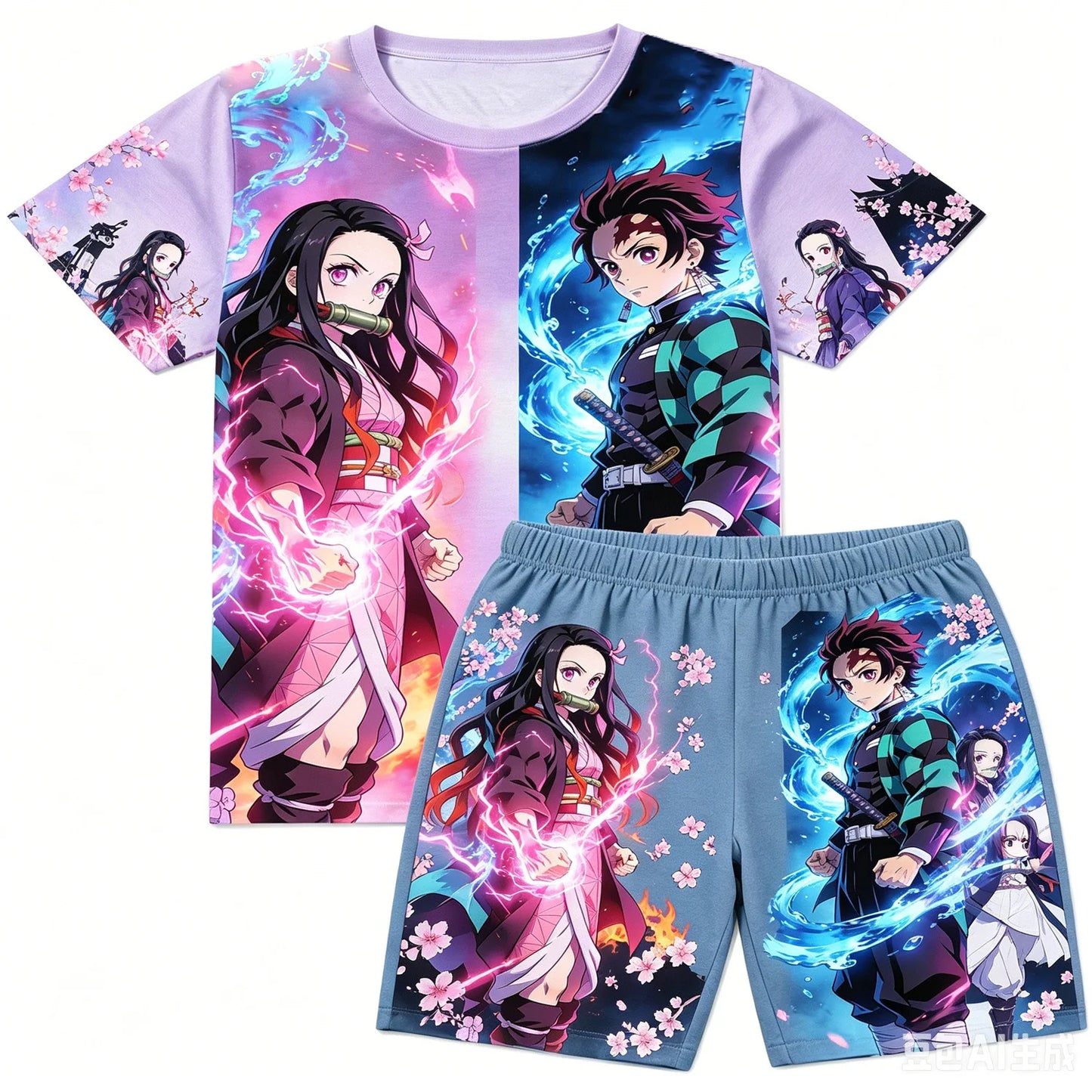 Demon Slayer Doma Red Splatter Print T-Shirt Shorts Set For Men Women Kids Soft Anime Summer Breathable Casual Loungewear Pajama