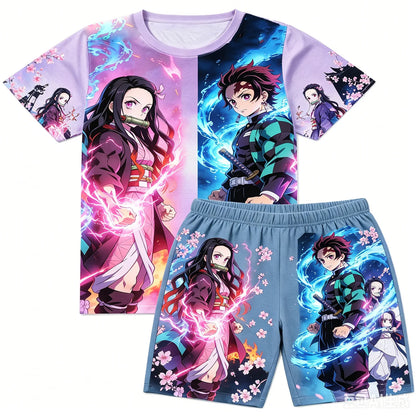 Demon Slayer Doma Red Splatter Print T-Shirt Shorts Set For Men Women Kids Soft Anime Summer Breathable Casual Loungewear Pajama