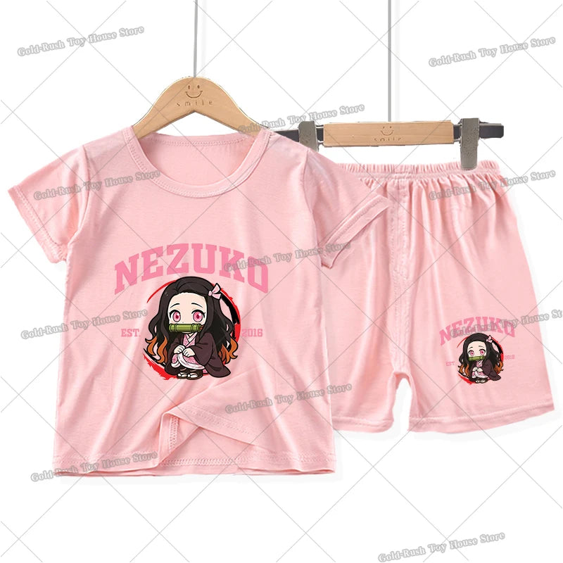 Demon Slayer Girl Pajamas Set Kamado Nezuko Kochou Shinobu Toddler Sleepwear 2pcs Cartoon Summer Home Tops Shorts Kids Pyjamas