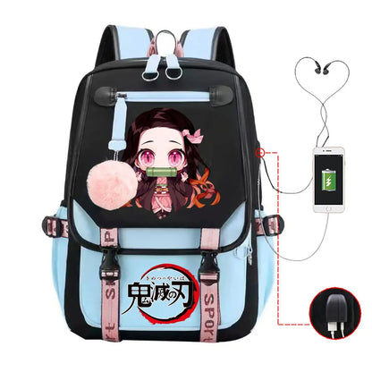 Anime Kamado Nezuko Print Backpacks Women Girls USB Charging Bags Large Capacity Children Teeneger Schoolbags Travel Bagpacks