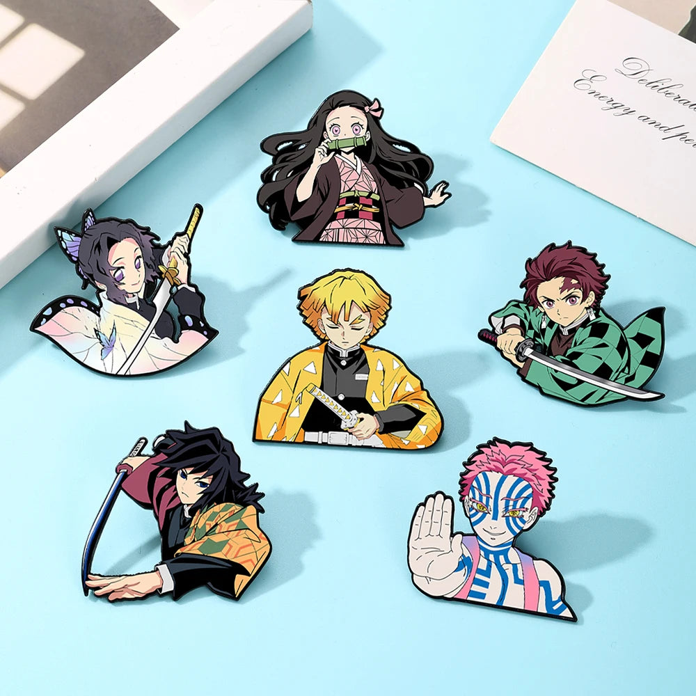 6pcs Demon Slayer Kimetsu No Yaiba Cartoon Brooches Anime Character Backpack Accessories School Bag Supplies