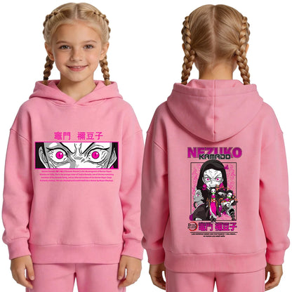 Demon Slayer Nezuko Anime Print Hoodie for Girls Casual Pullover Sweatshirt Soft Breathable Loose Fit Spring Fall Youth Top