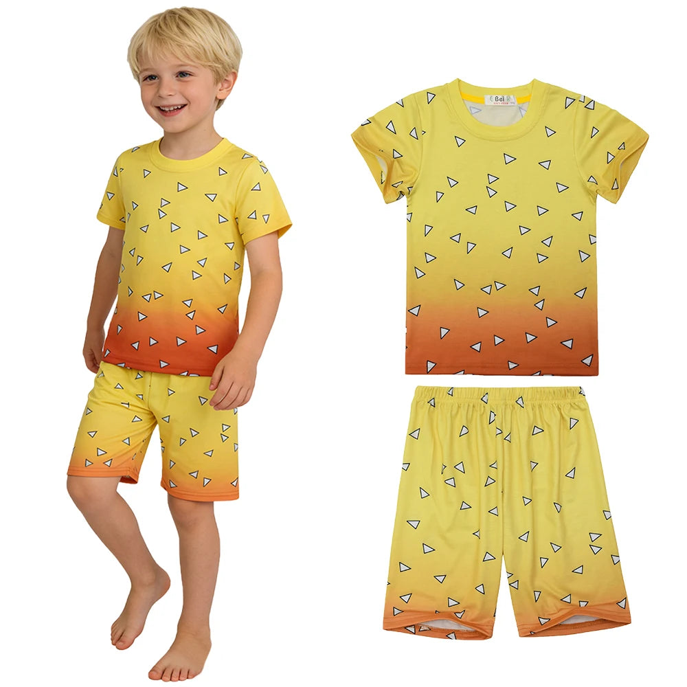 Kids Boys Girls Japanese Anime Style 2 Piece Pajama Set Short Sleeve Geometric Print Sleepwear Tanjiro Nezuko Zenitsu Loungewear