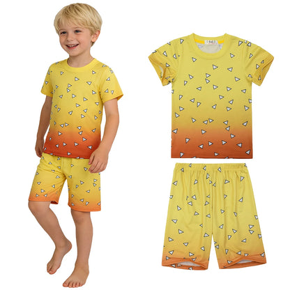 Kids Boys Girls Japanese Anime Style 2 Piece Pajama Set Short Sleeve Geometric Print Sleepwear Tanjiro Nezuko Zenitsu Loungewear