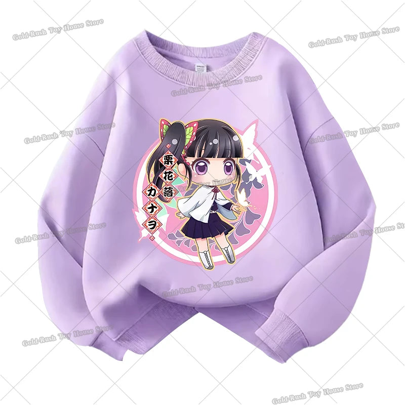 Demon Slayer Children Sweatshirt Kamado Nezuko Kochou Shinobu Autumn Sportswear for Girl Anime Tracksuit Cartoon Kids Pullovers
