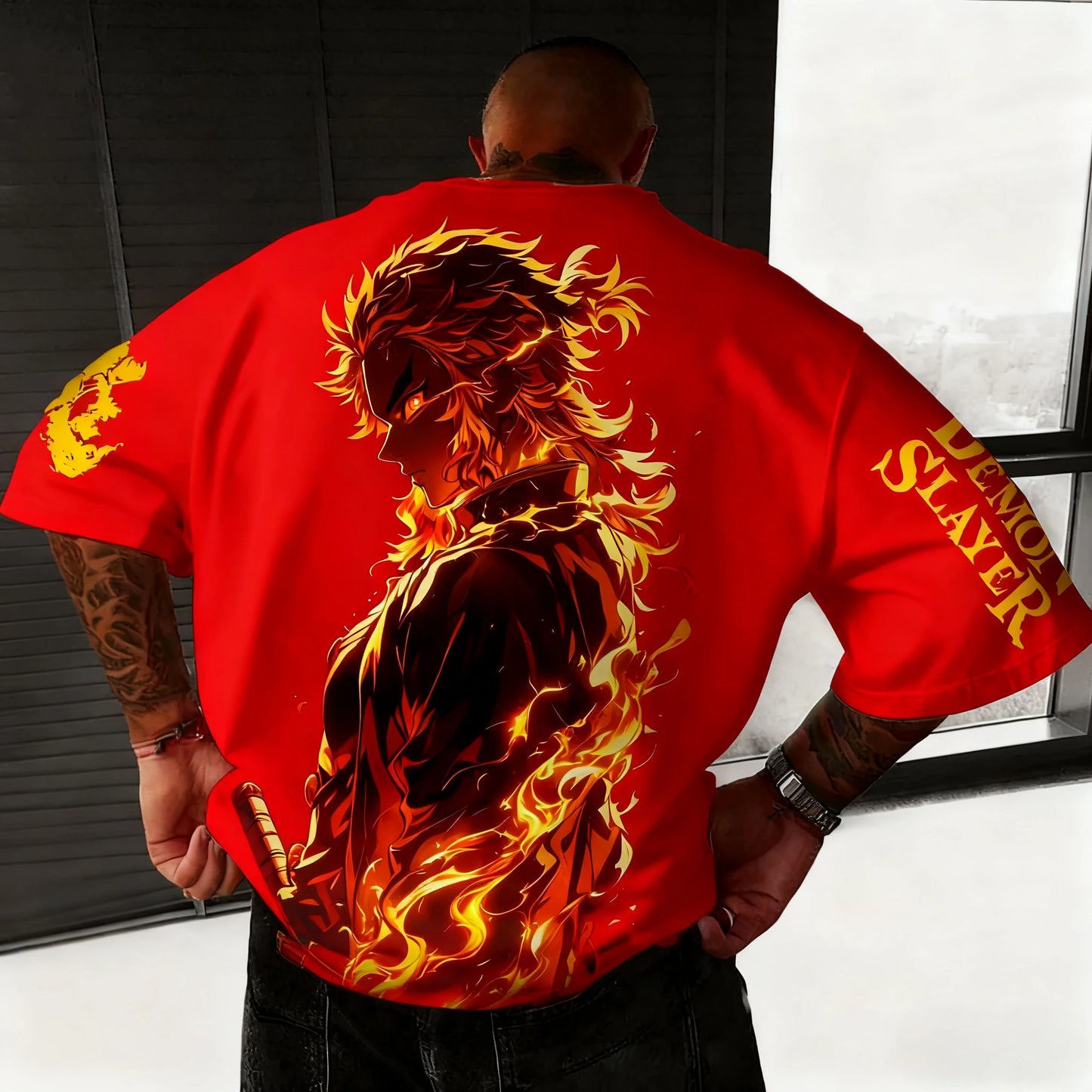 Demon Slayer Anime Rengoku Kyoujurou Printed T-shirt Summer New Men's Japanese Harajuku Loose Casual Children's Parent Child Top