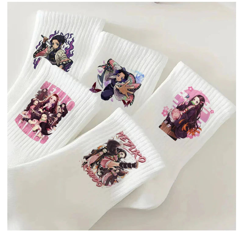 5pairs Demon Slayers Socks for Adult Cartoon Chopper Student Cotton White Long Short Boat Socks Printed Knitted Socks Fashion