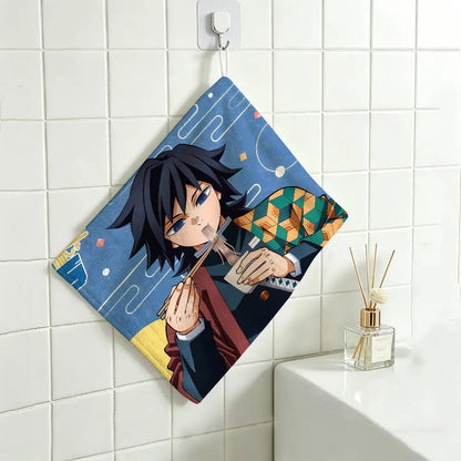 Cartoon Figure Giyu Tomioka Hanging Polyester Cotton Towel, Reusable Hand Wiping Cloth, Wear Resistant for Home Kitchen Sink