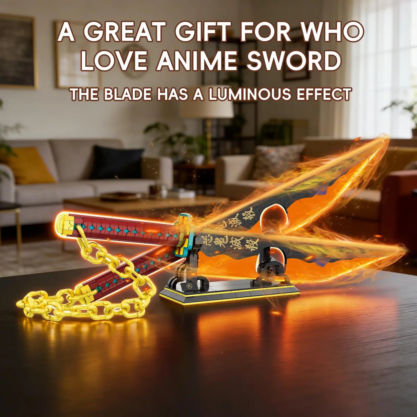 Demon Slayer Tengen Uzui Nichirin Swords Building Blocks Dual Blades with Chain Stand DIY Collectible Toy Gift for Anime Fans