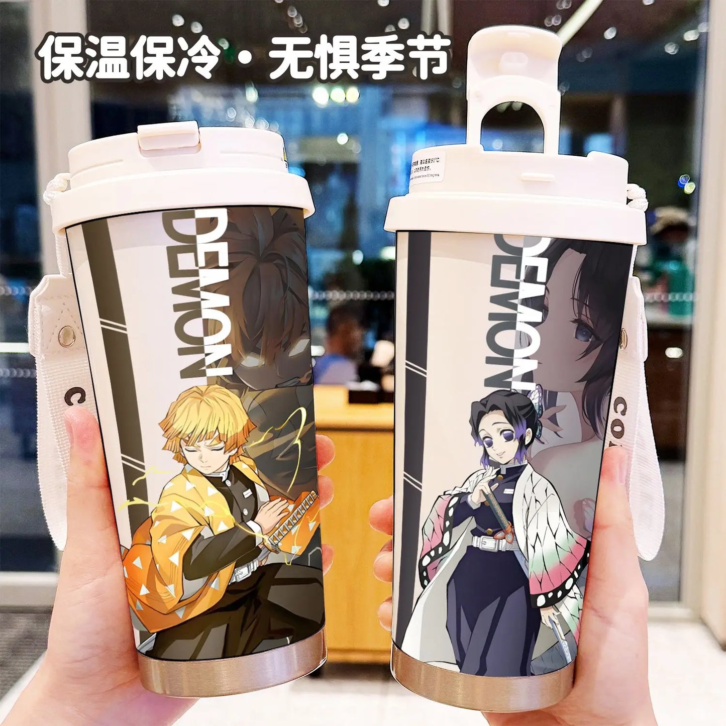 Demon Slayer Kochou Shinobu Water Cup Agatsuma Zenitsu Tomioka Giyuu Straw Thermos Cup Anime Stainless Coffee Mug Motion Bottle