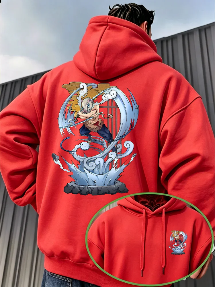 Bandai Demon Slayer Men's Hoodie with Inosuke Print, High-Quality Warm Men's Hooded Sweatshirt for Autumn and Winter
