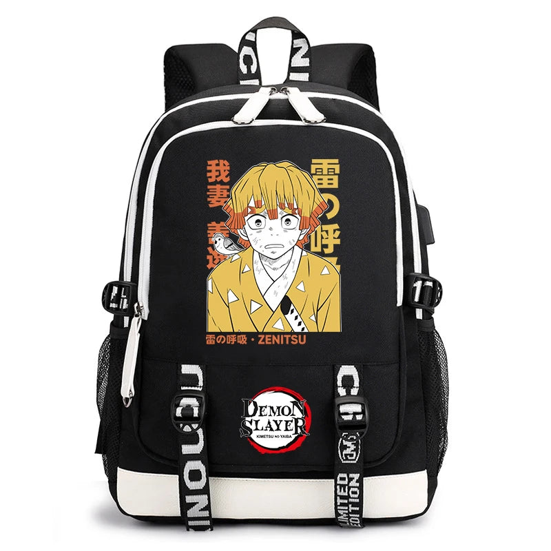 Demon Slayer Anime Print Student Backpack USB Charging Port Lightweight School Bag for Boys Girls