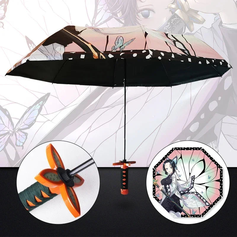 Demon Slayer Folding Katana Umbrella Tanjirou Zenitsu Anime UV Parasol Rain Gear Samurai Style Cosplay Display Photo Prop Decor