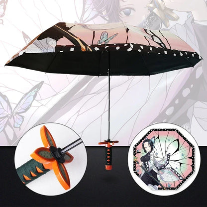 Demon Slayer Folding Katana Umbrella Tanjirou Zenitsu Anime UV Parasol Rain Gear Samurai Style Cosplay Display Photo Prop Decor