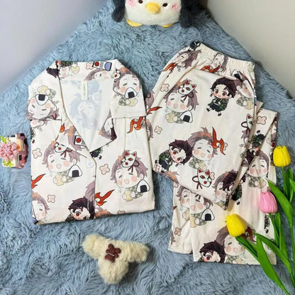 Cute Demon Slayer Pajama Set Spring Autumn Kamado Tanjirou Lolita Girl Pajamas Long Sleeves Student Cosplay Loungewear Set Gift