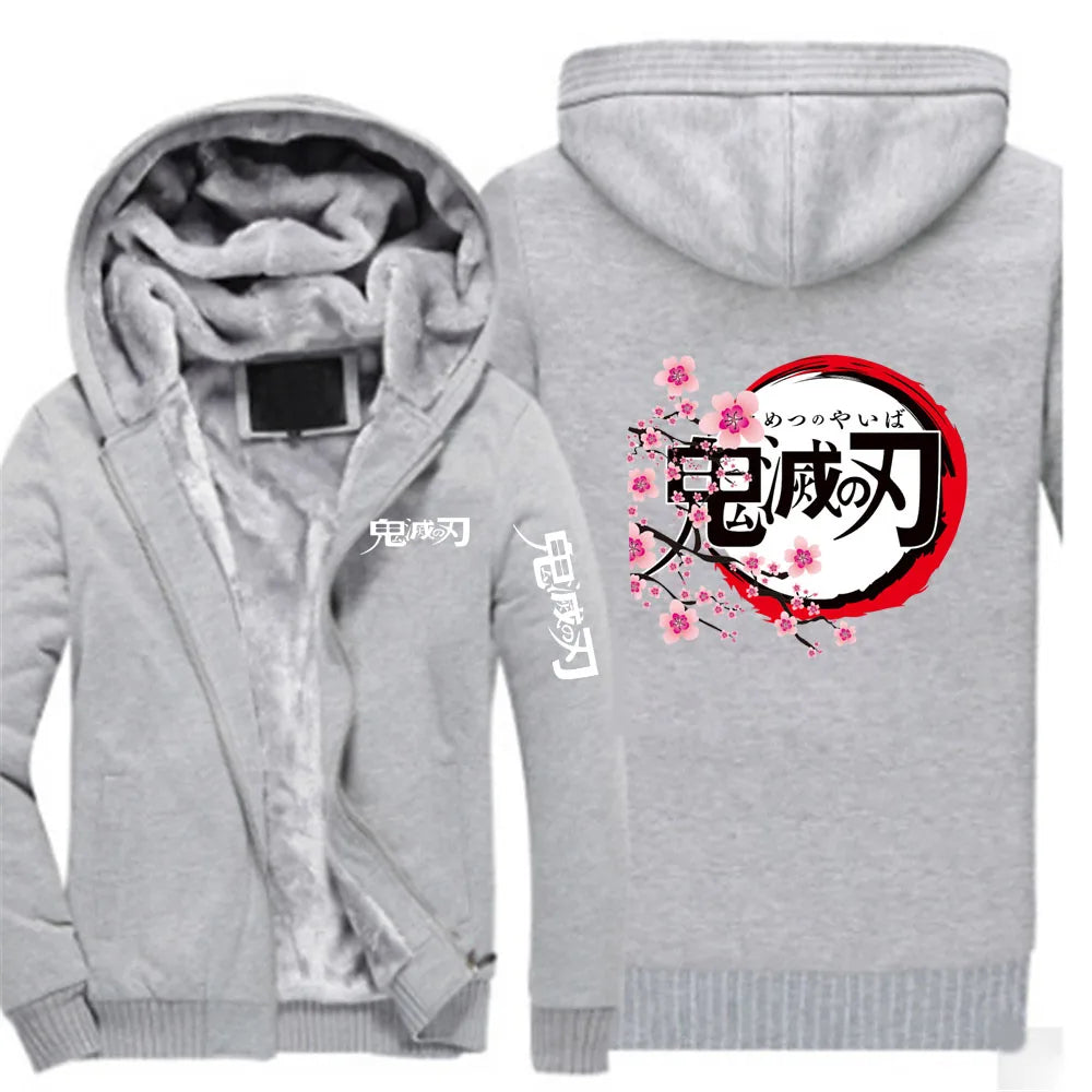 Anime Demon Slayer 2025 New Men Zip Up Hoodies Casual Fleece Sweatshirt Half Dome Full Zip Hooded Thicken Warm Coat Jacket