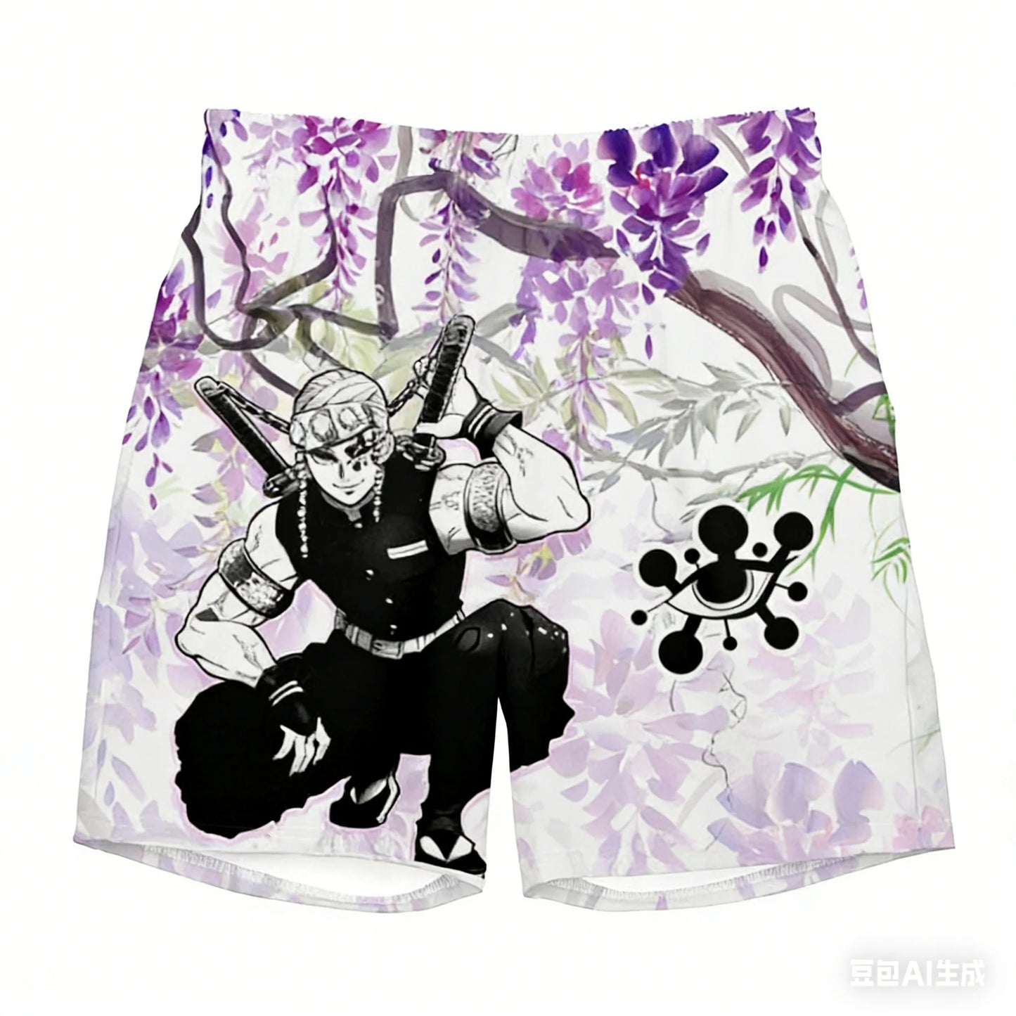 Demon Slayer Wisteria Shorts for Adults and Children, 3D Printed Beach Shorts of The Swordsman Under The Wisteria