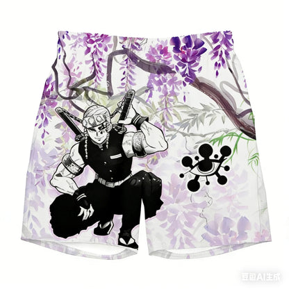Demon Slayer Wisteria Shorts for Adults and Children, 3D Printed Beach Shorts of The Swordsman Under The Wisteria