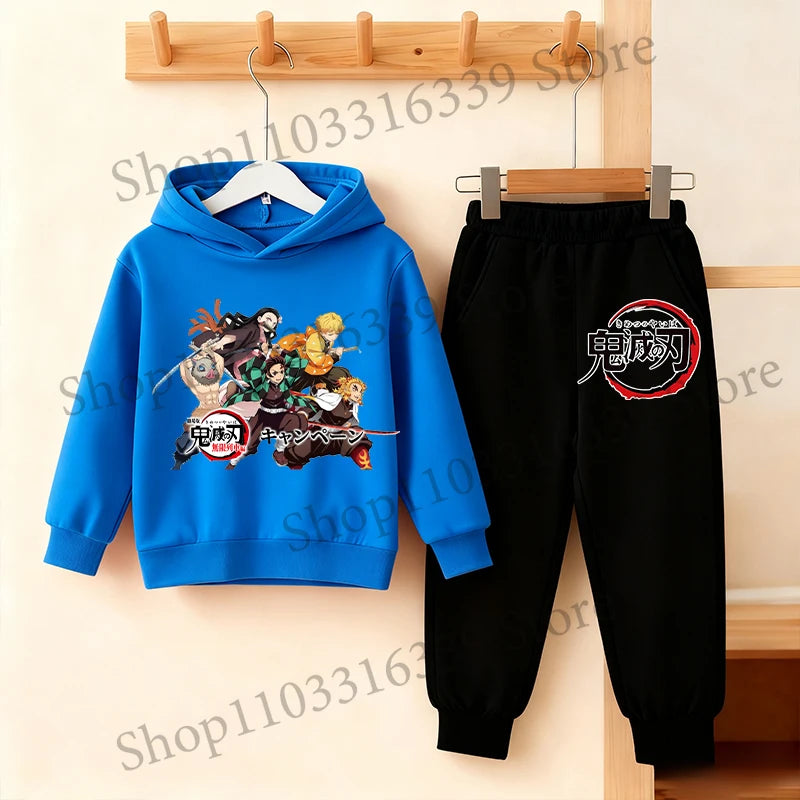 Demon Slayer Anime Hoodie Pants Set Children Hooded Sweatshirt Outerwear Pants Set Boys Girls Tops Autumn Pullover Clothing Gift