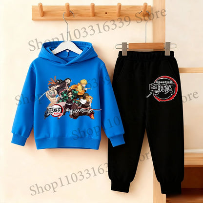 Demon Slayer Anime Hoodie Pants Set Children Hooded Sweatshirt Outerwear Pants Set Boys Girls Tops Autumn Pullover Clothing Gift