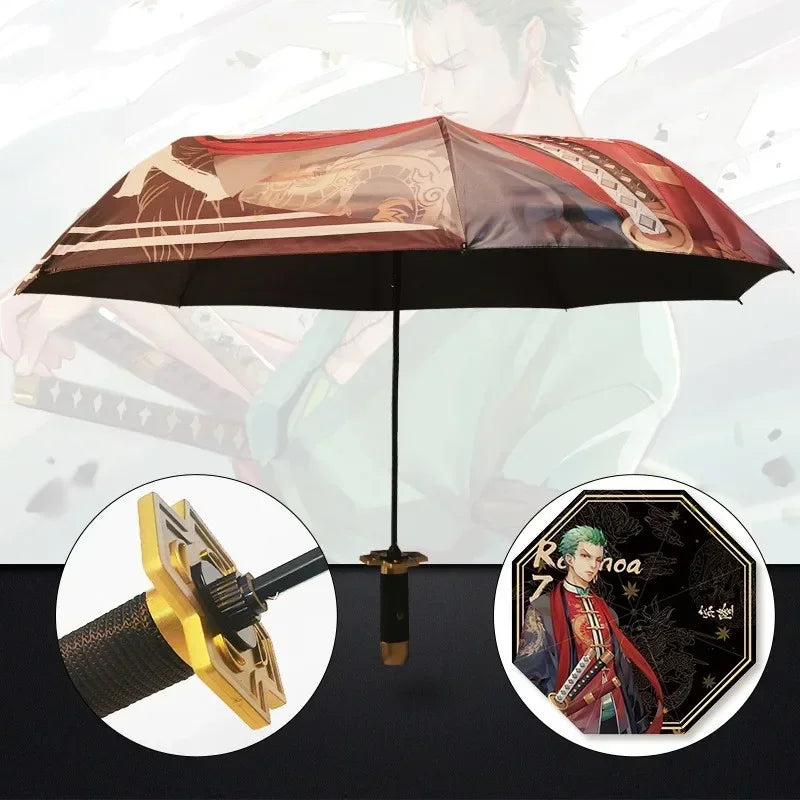 Demon Slayer Folding Katana Umbrella Tanjirou Zenitsu Anime UV Parasol Rain Gear Samurai Style Cosplay Display Photo Prop Decor