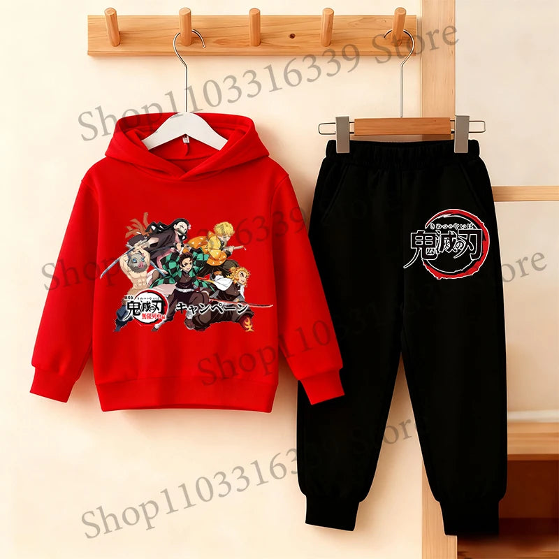 Demon Slayer Anime Hoodie Pants Set Children Hooded Sweatshirt Outerwear Pants Set Boys Girls Tops Autumn Pullover Clothing Gift