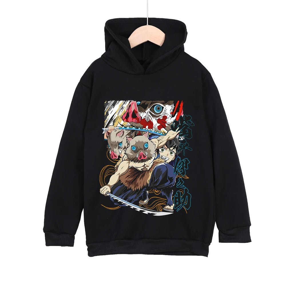 Childrens Cartoon Hoodie Demon Slayer Inosuke Graphic Cotton Pullover Unisex Boys Girls Clothes 100-160cm