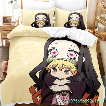 Kawaii Cartoon Demon Slayer Bedding Sets Duvet Cover Set With Pillowcase Twin Full Queen King Bedclothes Bed Linen Home Textiles