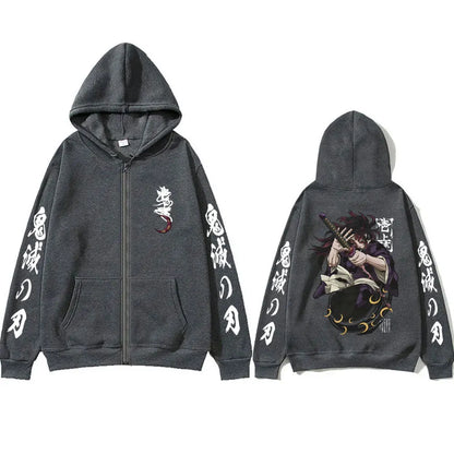 Anime Demon Slayer Kokushibo Zipper Hoodie Men Women Clothing Cartoon Fashion Zip Up Jacket Men's Oversized Zip Up Sweatshir