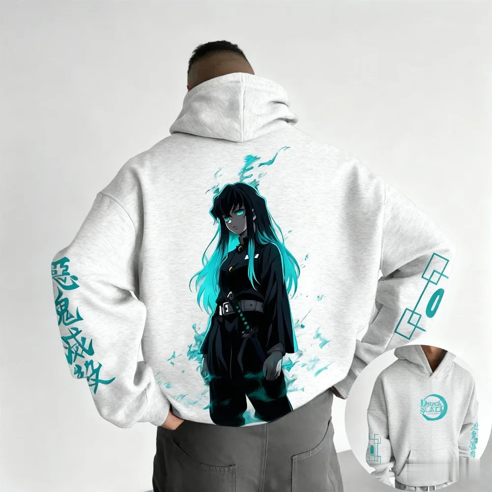 Demon Slayer Muichiro Tokito Large Size Fleece Hoodie American New Autumn Winter Men's and Women's Parent-Child Versatile Jacket